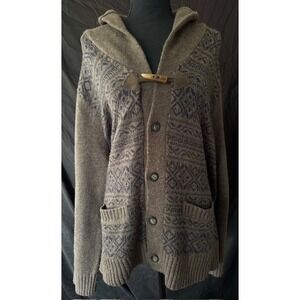 Haggar Mens XL Hooded Cardigan Sweater Wool Blend Fair Isle Toggle Button Brown
